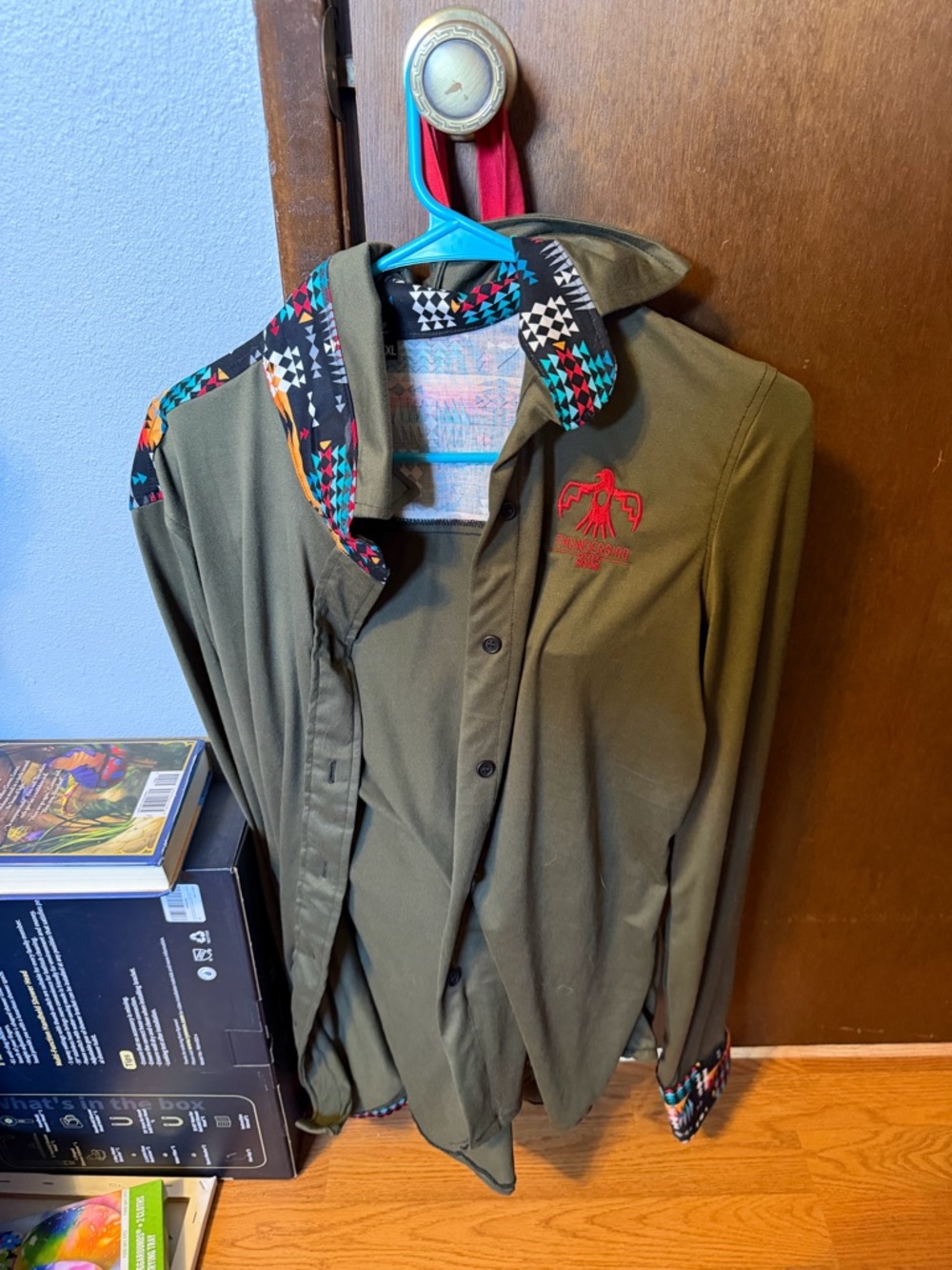 Olive Green Button-Down Shirt with Patterned Trim